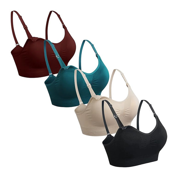 The GXXGE 4Pack Seamless Nursing Maternity Bra for Breastfeeding, size Medium, features wirefree bras in burgundy, teal, beige, and black with adjustable straps for comfort and support, arranged neatly on a white background.